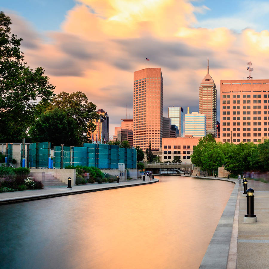 Summer evening with Indy's cityscape and canal.