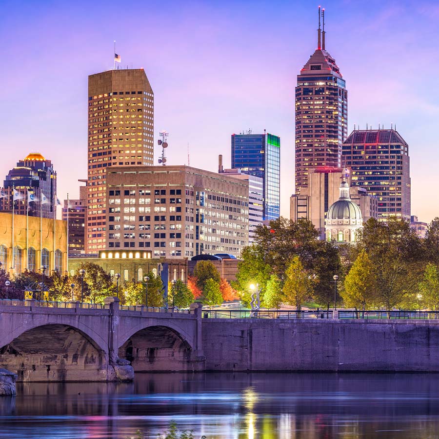 Indianapolis cityscape at dusk.