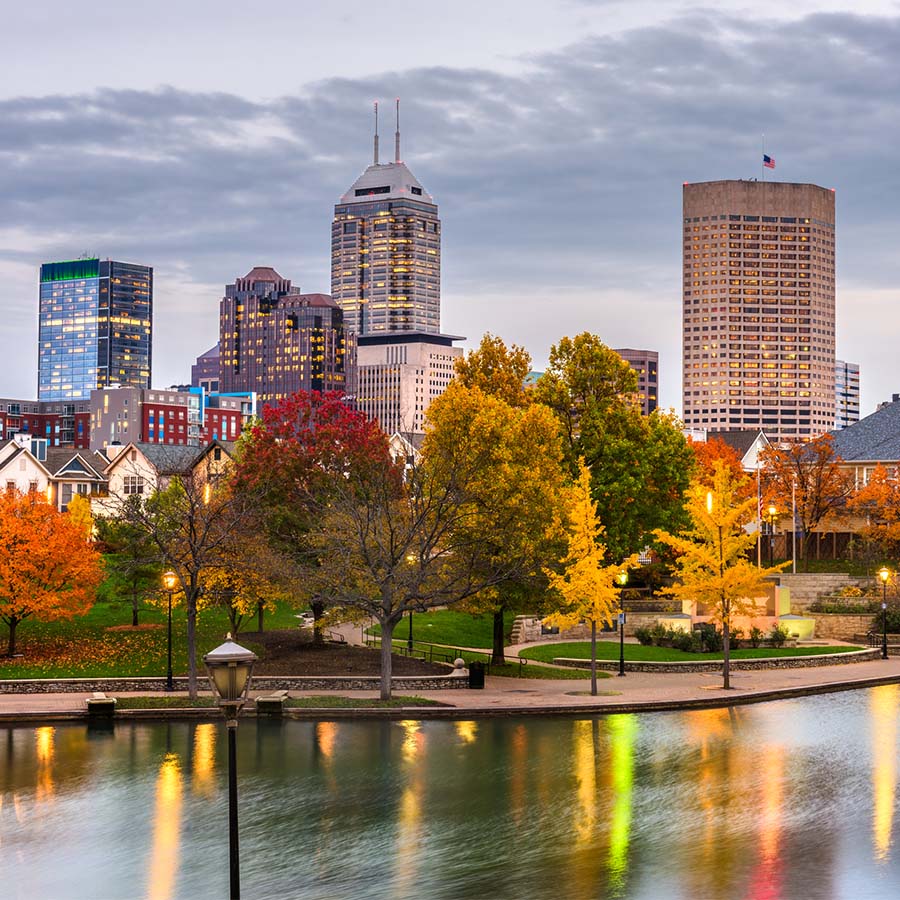 Indianapolis cityscape at dusk.