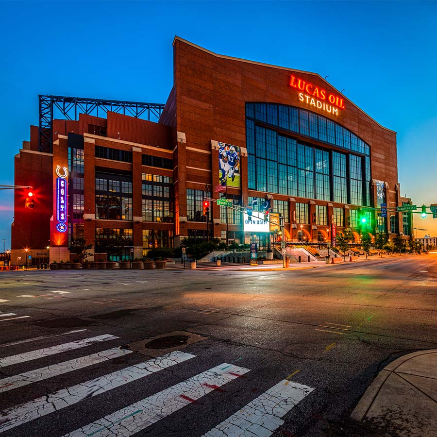 Exterior shot of lucas oil stadium at dusk.